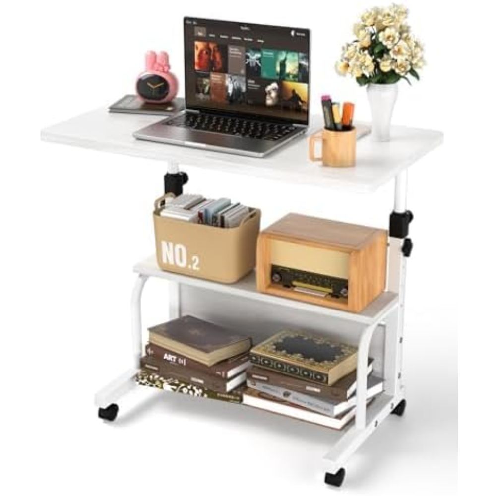 8. QZMDSM Portable Desk with Wheels Small Standing Desk on Wheels Adjustable Height Rolling Desk – Best Standing Desk with Storage Shelves