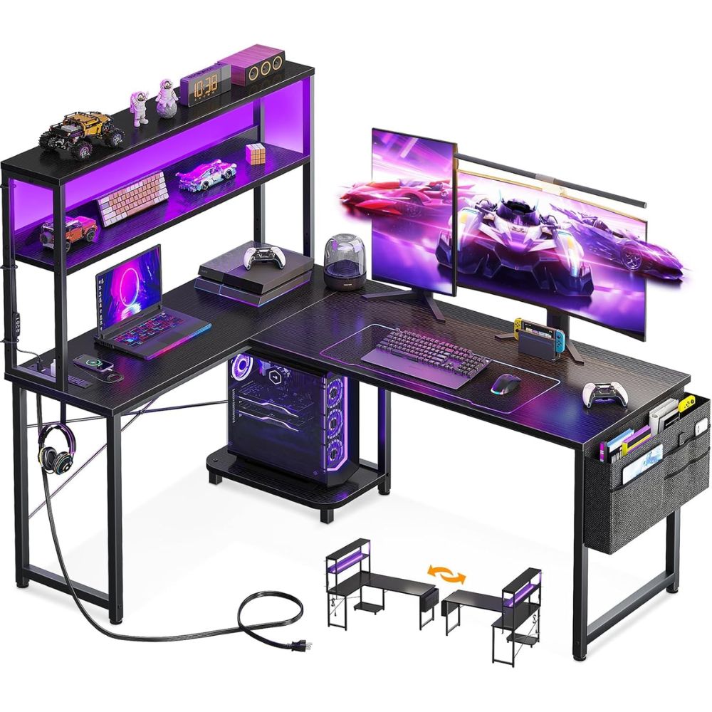AODK Reversible L Shaped Gaming Desk with LED Lights & Power Outlet - Best L-Shaped Gaming Desk