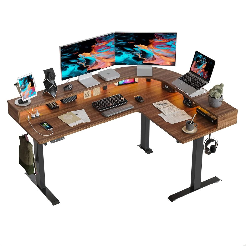 Top Best L Shaped Standing Desks for Multi-Monitor Setups | Stay Organized & Pain-Free with Large Adjustable Surfaces FEZIBO Triple Motor L-Shaped Standing Desk – Best for Gaming