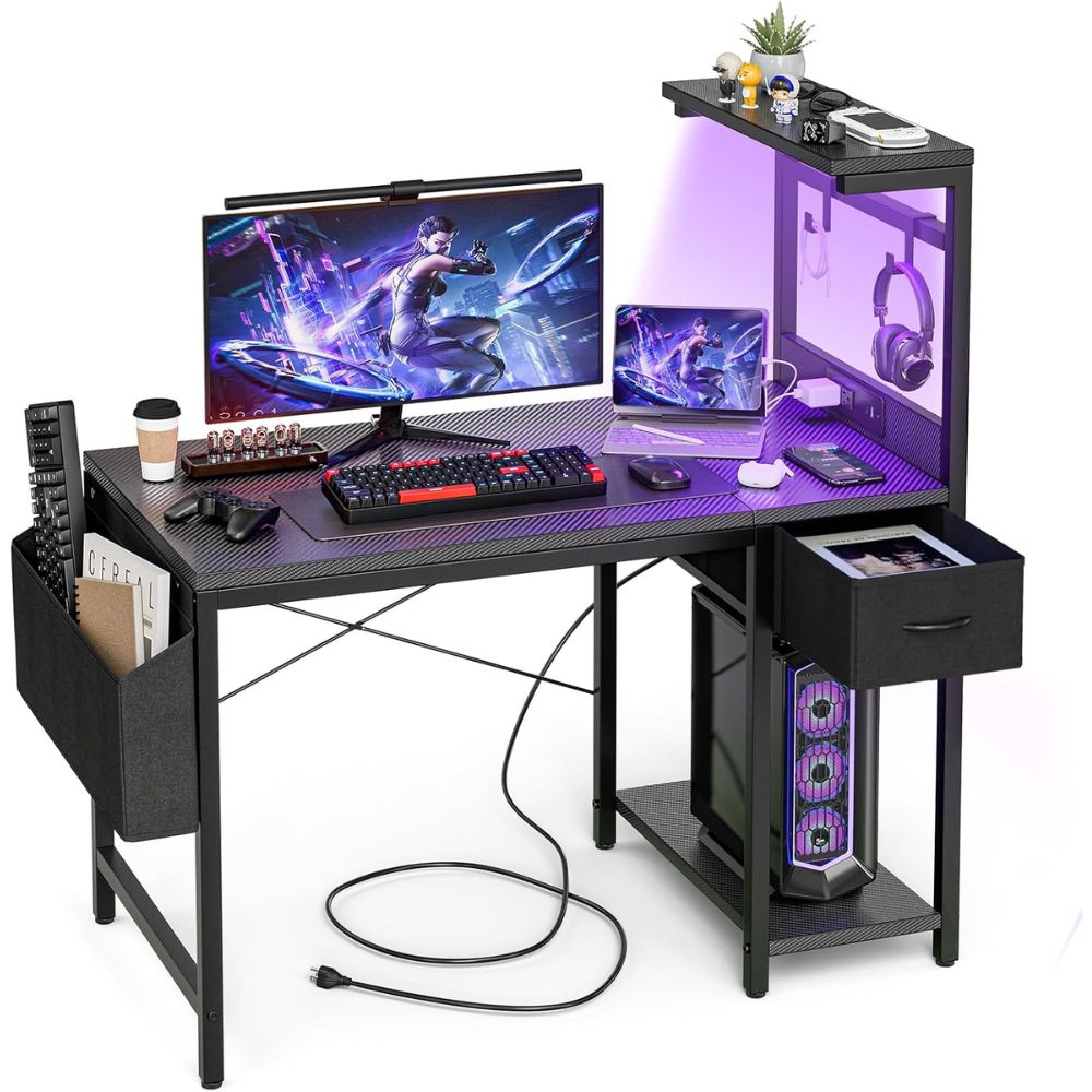 Grandder Gaming Desk 40 Inch with Power Outlet and LED Light - Best for Small Spaces